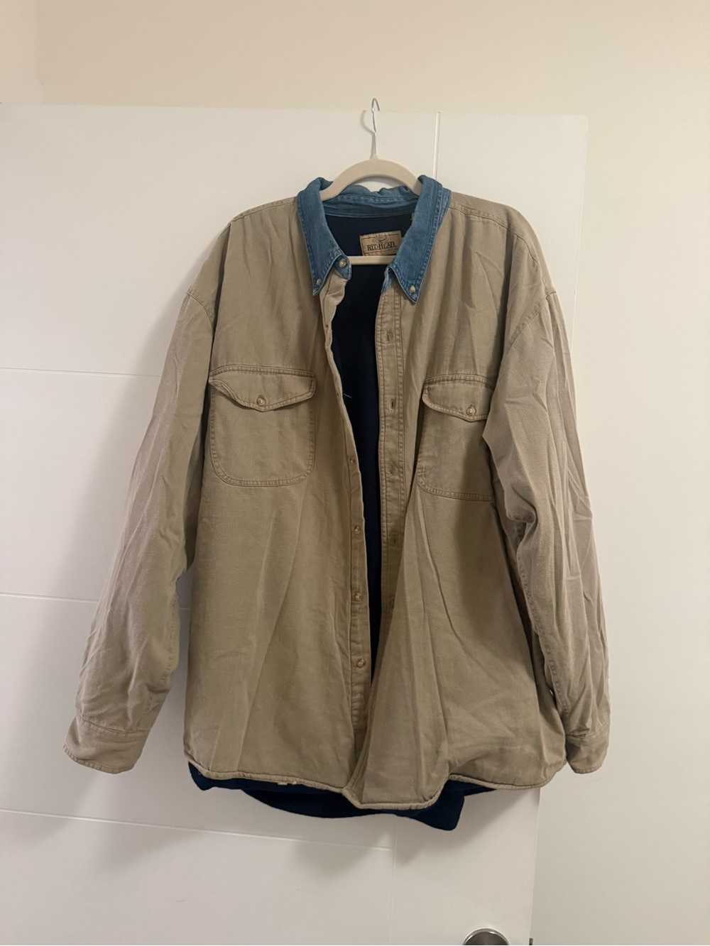 RedHead Beige Jacket with Blue Denim Collar and Navy Fleece inside